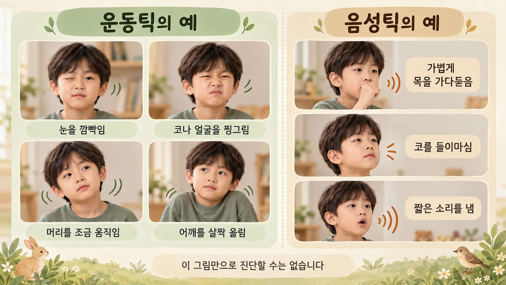 운동틱과 음성틱의 예를 비교하며 그림만으로 진단할 수 없음을 안내하는 교육 그림
