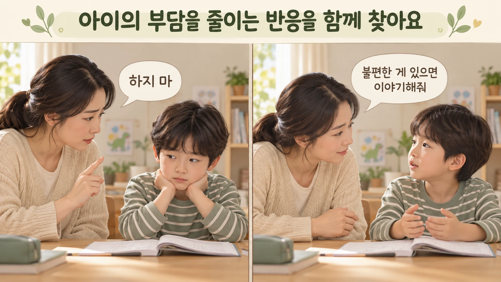 반복적으로 행동을 지적하는 반응과 아이의 이야기를 차분하게 듣는 반응을 비교한 그림