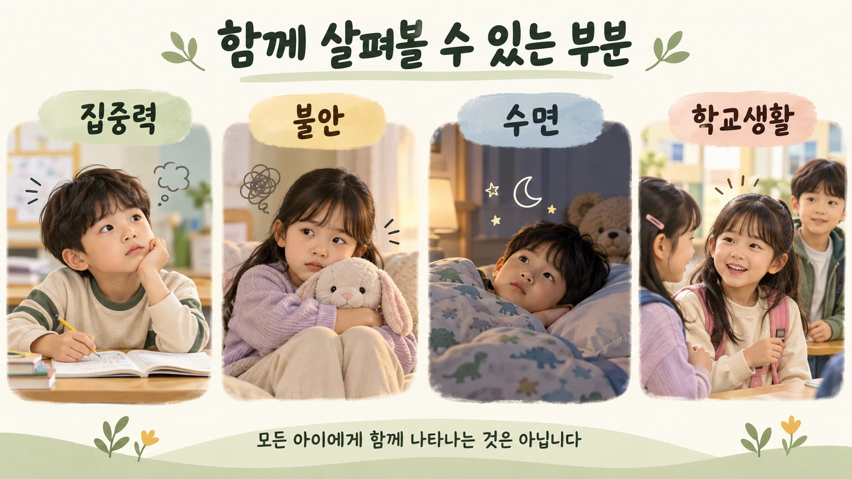 집중력과 불안, 수면 및 학교생활을 함께 살펴볼 수 있음을 설명하는 교육 그림
