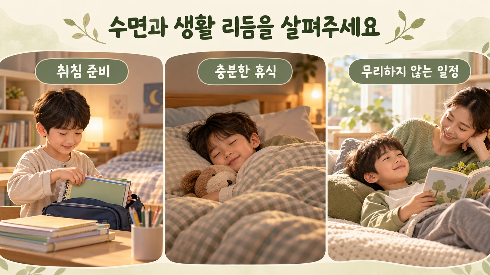 취침 준비와 충분한 휴식, 무리하지 않는 생활 일정을 보여주는 생활관리 그림