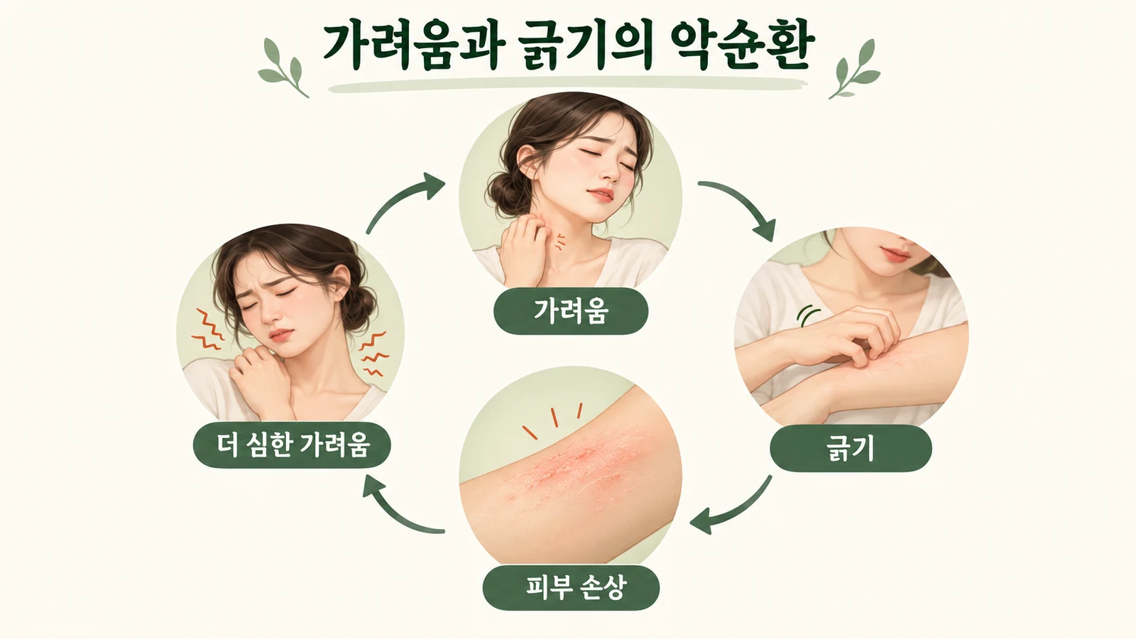 가려움과 긁기, 피부 손상과 더 심한 가려움이 반복되는 악순환 개념도