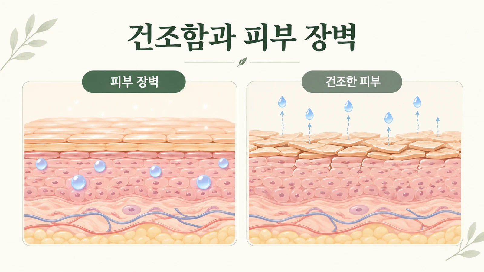 건조한 피부와 피부 장벽의 역할을 설명하는 교육용 개념도