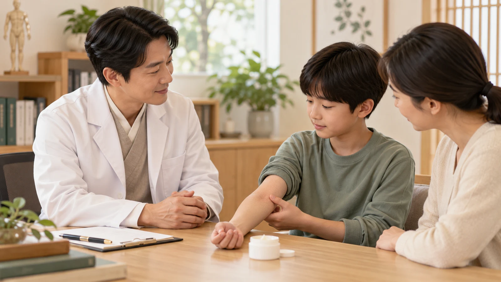 남성 한의사가 초등학생 아이와 보호자에게 피부 상태와 치료 수용도를 상담하는 교육 그림