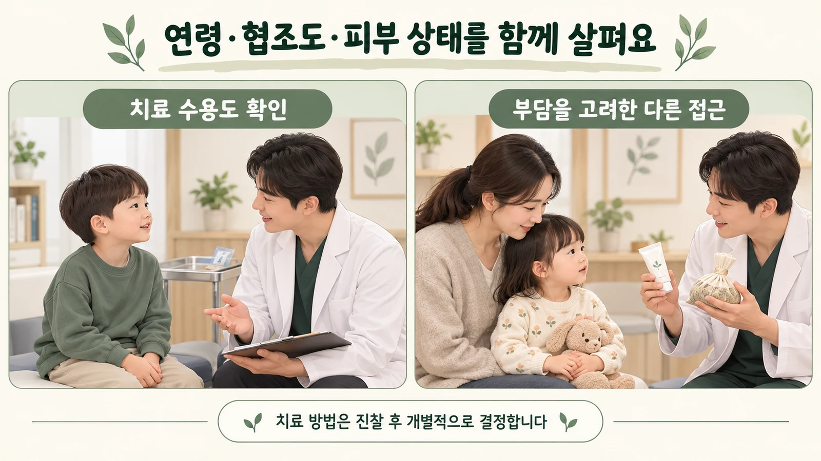 연령과 협조도, 피부 상태에 따라 치료 접근을 개별적으로 선택하는 설명 그림