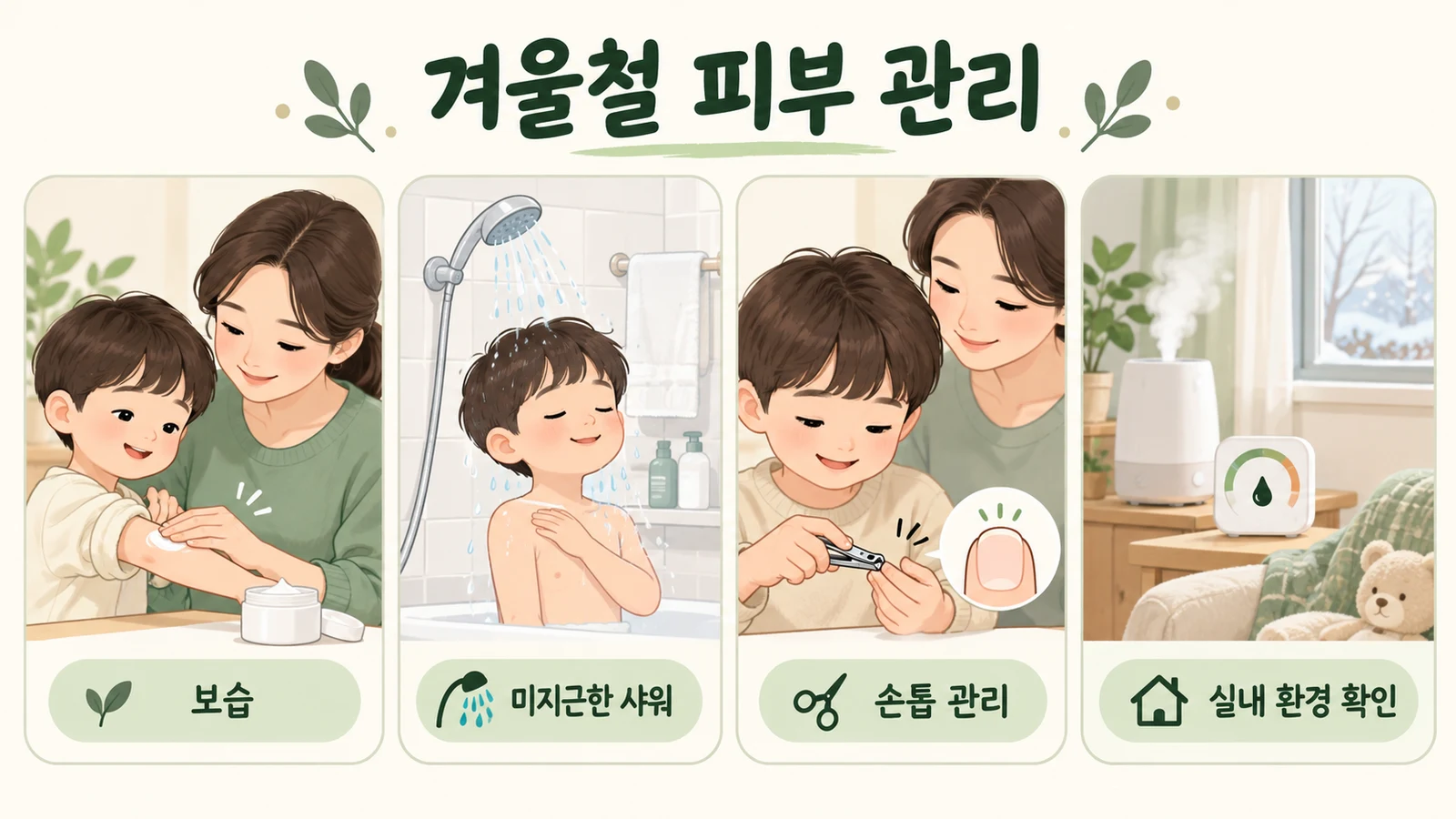 보습과 미지근한 샤워, 손톱 관리와 실내 환경 확인을 설명하는 생활관리 그림